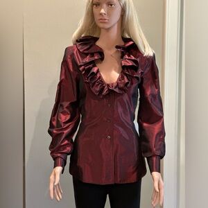 Ellen Tracy Burgundy Ruffled Silk Blouse